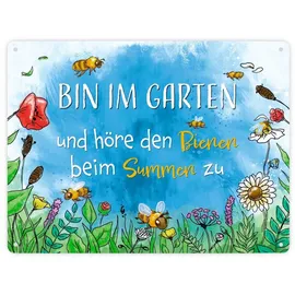 speecheese Bin im Garten Metallschild XXL in 28x38 cm mit Blumenwiese und Bienen als Dekoration für den Garten oder den Gartenzaun im Frühling