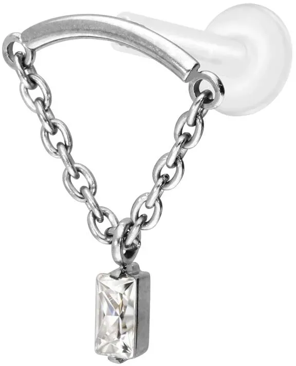 PTFE Labret mit Innengewinde + Titan-Aufsatz BOGEN + KETTE + KRISTALLRECHTECK