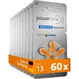 Power one Hörgerätebatterien Typ 13 orange, Batterien 60 Stück Vorratspack, wireless approved, Größe p13 für Hörgeräte und Hörhilfen, high hearing level, quecksilberfrei, Made in Germany