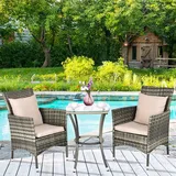 Goplus 3-Teiliges Gartenmoebel-Set, PE-Rattan Gartenlounge-Set mit 1 Tisch & 2 Stühlen, mit Kissen, Gartengarnitur Sitzgruppe für Innen & Draußen, Grau
