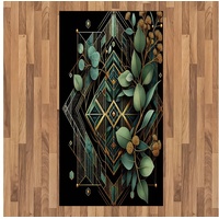Teppich Flachgewebe Deko-Teppiche für das Wohn-,Schlaf-, und Essenszimmer, Abakuhaus, rechteckig, Eukalyptusblätter Art Deco Rhombus Ornament grün|schwarz 80 cm x 150 cm