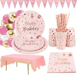 Pink und Gold Party Supplies Rosa Geburtstagsteller Happy Birthday Party Besteck inklusive Party Teller Servietten Tasse Trinkhalme Tischdecken für Babyparty Mädchen Damen Geburtstagsfeier (Pink