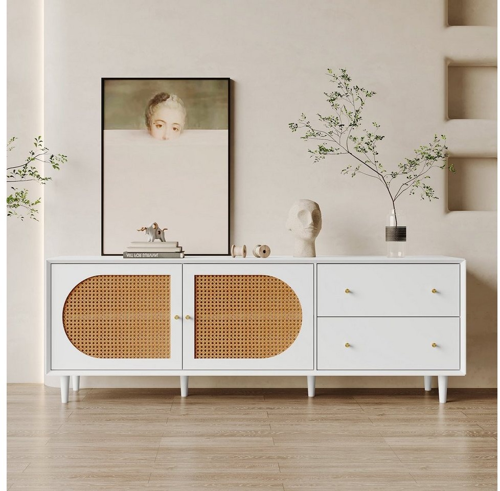 Merax Lowboard aus Holz mit 2 Schubladen und 4 Fächern, TV-Schrank mit Polyrattan-Geflechten Türen, TV-Board, Breite 180cm weiß