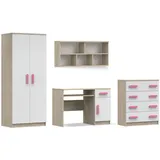 Deine Möbel 24 Jugendzimmer-Set INGE III in Weiß / Weiß + Grau / Weiß + Eiche Sonoma ; 4-teilig, (Kleiderschrank Kommode Wandregal Schreibtisch, 4-tlg., Sonoma Eiche Grau), Kinderzimmer Set Weiß Griffe Rosa Blau Grün Grau aus Laminatplatte beige