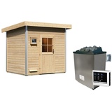 Woodfeeling Karibu Gartensauna Pultdach Saunahaus Norge-9 kW Ofen inkl. Steuergerät-Klassische Saunatür (Klarglas) inkl. 8-teiligem gratis Zubehörpaket (Gesamtwert 191,92€)