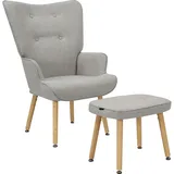 INOSIGN Ohrensessel »PERHAM, Sessel mit Hocker im Set, Knopfheftung, Massivholz-Füße,«, komfortabler Relaxsessel und Sitz-Hocker mit Strukturbezug grau
