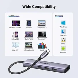 UGREEN USB-C to 3*USB.3.0+HDMI Hub 5-in-1 Multifunktions-hub-adapter 3x Usb-a HDMI 4K PD 100W (Grau)