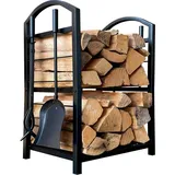 Quick Star Kaminholzregal Metall 45 x 30 x 74 cm mit Schaufel Zange Bürste Schürhaken Schwarz