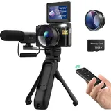 LINGDA 48 MP, inklusive Stativ und Mikrofon, Vlogging-Kamera mit 16-fachem Digitalzoom und um 180° Klappbar, Blitz, Kleine Kamera,