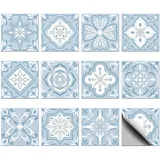 CHGCRAFT 36 Stück 12 Stil Hellblaue Mandala Peel Fliesenaufkleber 10x10cm Wasserdichte Fliesenaufkleber Quadratisch mit Blumenmuster für Küche Bad Schlafzimmer Wand Kamin