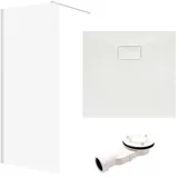 bad land SET Duschwanne VIDAR 90x90 Quadratisch Weiß + Walk-In Dusche KETIL Chrom 90x195 Transparentes Glas