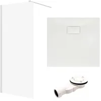 bad land SET Duschwanne VIDAR 90x90 Quadratisch Weiß + Walk-In Dusche KETIL Chrom 90x195 Transparentes Glas