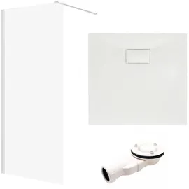 bad land SET Duschwanne VIDAR 90x90 Quadratisch Weiß + Walk-In Dusche KETIL Chrom 90x195 Transparentes Glas