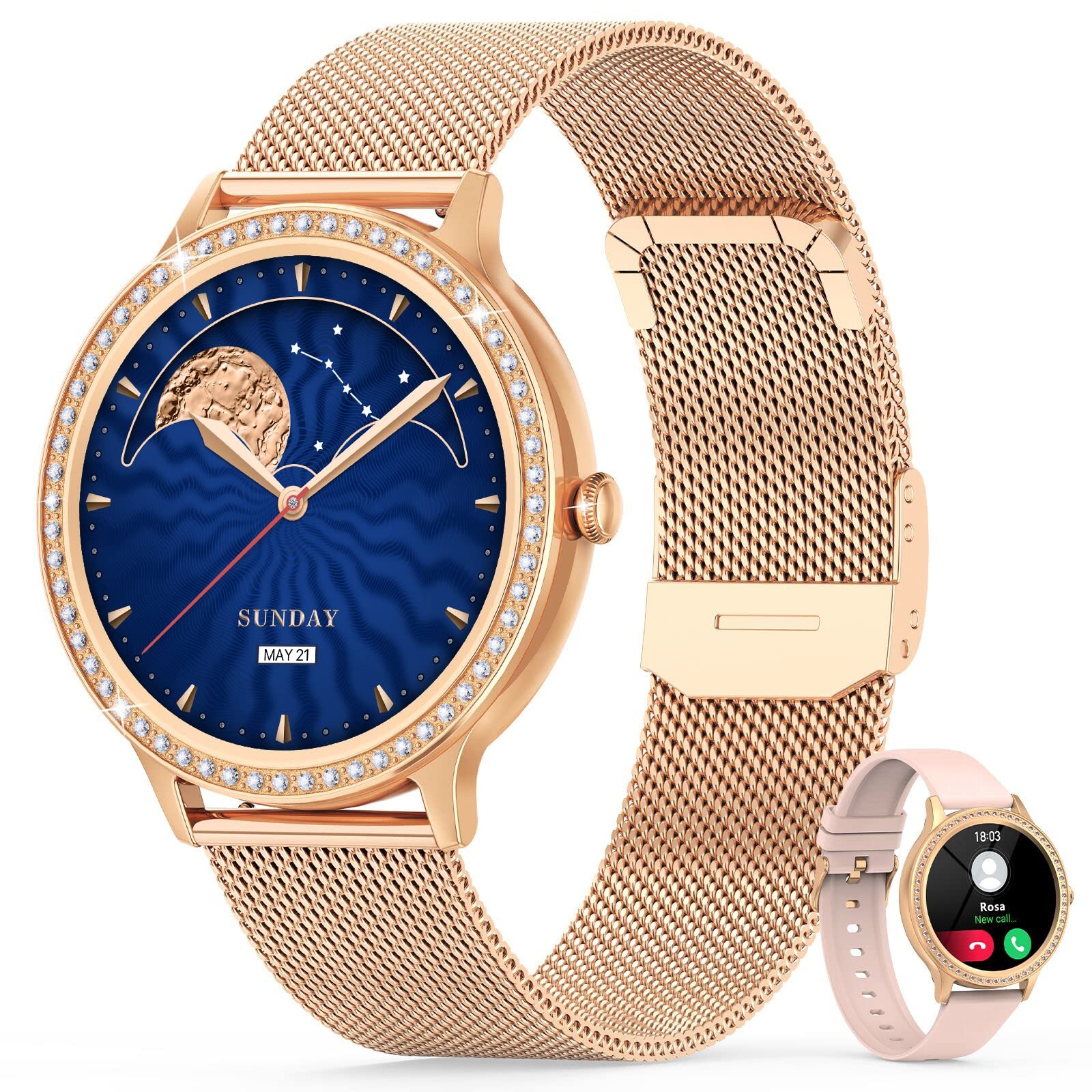 Nendefin Smartwatch Damen mit Telefonfunktion,Smart Watch mit Diamanten Armband,Sprachassistent Fitness Tracker mit SpO2 Aktivitätstracker Schrittzähler Uhr Damen Sportuhr für Android iOS