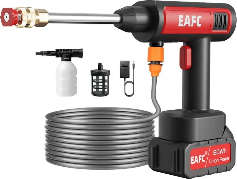 EAFC Tragbarer Akku-Hochdruckreiniger, Elektrische Autowaschpistole mit besonders großem Akku und Schaumsprüher, Verstellbare Düse, Tragbare Handsprühpistole für Auto, Haushalt, Boden, Badezimmer, Bewässerung