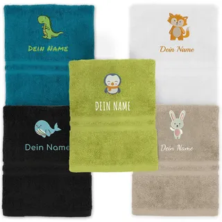 Kinderhandtuch mit Namen Bestickt, Oeko-TEX® Standard 100 - Personalisiertes Handtuch für Kinder aus nachhaltiger Baumwolle mit gesticktem Namen und Motiv (70 x 140 cm, Petrol)