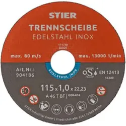 STIER Trennscheibe / Flexscheibe 115 x 1,0 x 22,23 mm gerade Inox / Edelstahl