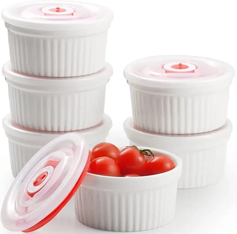 Dafuceramic Ramekins mit Deckeln, 12 oz, weiße Crème Brûlée, Keramik/Porzellan, backofengeeignet, spülmaschinen- und mikrowellengeeignet, Custard, Puddingbecher, Set mit 6