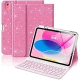 MoKo Hülle mit Tastatur für iPad A16 11 Generation 2025/10 Generation 2022(11/10.9 Zoll), iPad 10. Gen Hülle mit Pencil Halter und magnetisch Abnehmbarer Tastatur mit QWERTY, Glänzendes Rosa