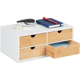 Relaxdays Schreibtisch Organizer, 4 Schubladen, für Büroutensilien, HxBxT: 14 x 33 x 21 cm, Bambus & MDF, weiß/natur
