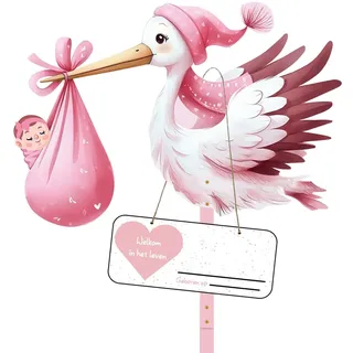 Klapperstorch Set zur Geburt Baby,81cm hoch Babystorch,Großer niedliche Holz Klapperstorch für Baby,Beidseitig Bedruckt,Geburtsstorch inkl,Holzstab+ Namensschild Grußkarte