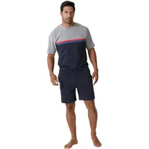 LE JOGGER LE JOGGER, Pyjama in grau-meliert-navy, | Gr. 48/50 (M), bunt (grau, meliert, navy), Jersey, Obermaterial: 100% Baumwolle, unifarben, Basic, bequem kurz, Rundhals, Kurzarm abgesteppte Kante, Homewear-Sets, Schlafanzug mit Colorblock