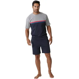 LE JOGGER LE JOGGER, Pyjama in grau-meliert-navy, | Gr. 48/50 (M), bunt (grau, meliert, navy), Jersey, Obermaterial: 100% Baumwolle, unifarben, Basic, bequem kurz, Rundhals, Kurzarm abgesteppte Kante, Homewear-Sets, Schlafanzug mit Colorblock