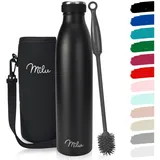 MILU Thermoflasche 350ml 500ml 750ml 1L 1,5L Isolierte Edelstahl Trinkflasche Thermoskanne Auslaufsichere Isolierflasche doppelwandig für heiße und kalte Getränke, Kohlensäure geeignet (Schwarz, 1L)