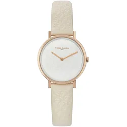 Pierre Cardin Damen Armband-Uhr mit Marken-Kürzel-Print analoge Quarz-Uhr mit Leder-Armband 3ATM 32mm CBV.1500 Beige/Rose-Gold - One-Size