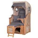 Mr. Deko bene,iving Strandkorb Komplettset Ammersee Single Teak Bullauge PE shell Modell 551 inkl. Liftersystem Schutzhülle Doppelrollen Glasbecherhalter