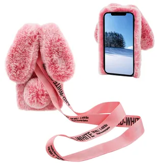 DasKAn Kompatibel für iPod Touch 5/6 / 7 Plüsch Hülle mit Handykette, 3D Hasenohren Design Handmade Glänzend Diamant Winter Warm Weich Kaninchen Flauschig Fell Schutzhülle, Pink