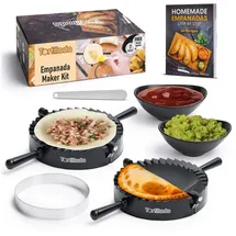 Tortillada – Empanadas Maker Formen 15,5 cm/Empanada Form Presse Set 7 teilig inkl. Rezeptbuch, Dipschalen, Ausstecher, Messer