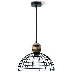 Pendelleuchte VINTO schwarz - Draht und Holz - E27 - 30cm Durchmesser - 1m Kabel