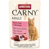Carny Katzenfutter nass Pouch Rind,Pute+Shrimps (12x85g) Katzen Nassfutter ohne Getreide und Zucker für ausgewachsene Katzen von animonda mit frischen fleischlichen Zutaten,praktische Portionsbeutel