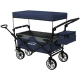 Hauki Bollerwagen Transportwagen für Kinder faltbar mit Dach und Tasche, Gerätewagen Blau/Grau 360° drehbar PU Räder mit Bremsen bis 120kg blau