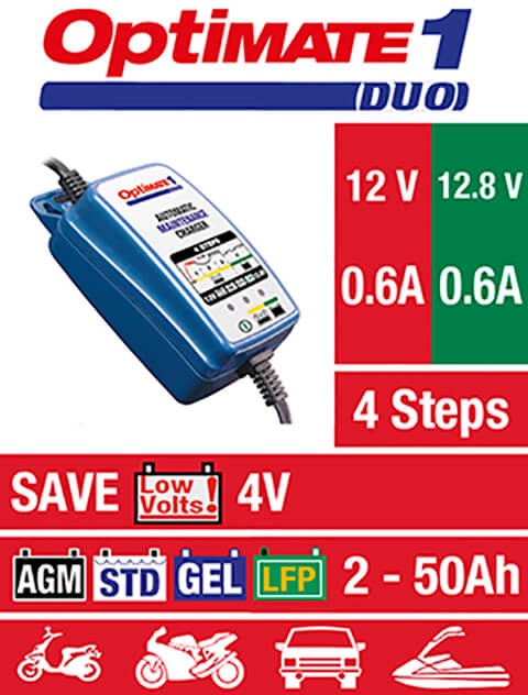 OPTIMATE 1 DUO (TM402-D), 12V/12,8V, 0,6A, 4-stufiges Ladegerät für 2-20Ah Std/AGM/GEL/LFP