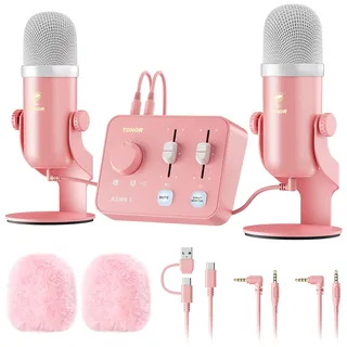 TONOR Podcast Mikrofon Set mit Audio Interface, ASMR Mikrofon, 2 Kondensatormikrofone, Audio Mixer, Lautstärkeregler, 3D Stereoklang, mit Fell-Windschutz, USB Microphone für PC/Handy, Rosa