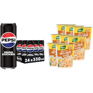 Pepsi Zero Zucker, Das zuckerfreie Erfrischungsgetränk ohne Kalorien, Koffeinhaltige Cola in der Dose,EINWEG Dose (24 x 0,33 l) Knorr Taste the World Pasta Snack Mac & Cheese Jalapeño Mahlzeit 8x 62 g