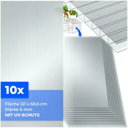 tectake® 10er Set Doppelstegplatten, 7,32 m2 Gesamtfläche, individuell zuschneidbar, wärmedämmend, temperaturresistent, 121 x 60,5 x 0,6 cm je Platte