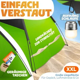 eloneo Pop Up Strandmuschel UV Schutz 80+, Leichter Aufbau und kleines Packmaß inkl. Tragetasche, Sonnenschutz & Windschutz für Babys und Erwachsene, Grün, 220x150x130 cm