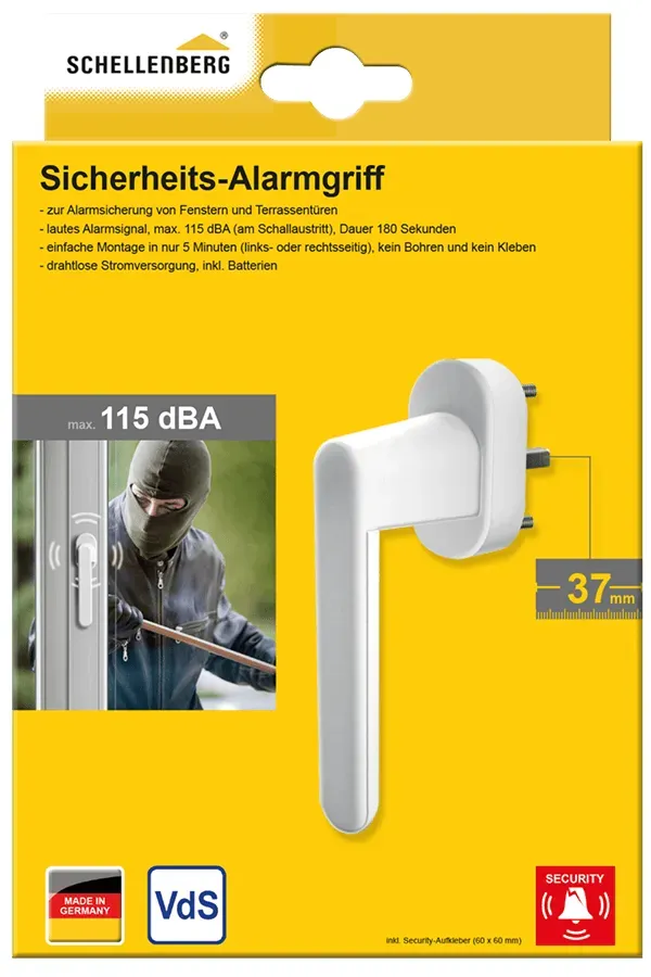 Schellenberg Sicherheits-Alarmgriff für Fenster und Balkontüren, lauter Alarm 115 dBA, 180 Sekunden
