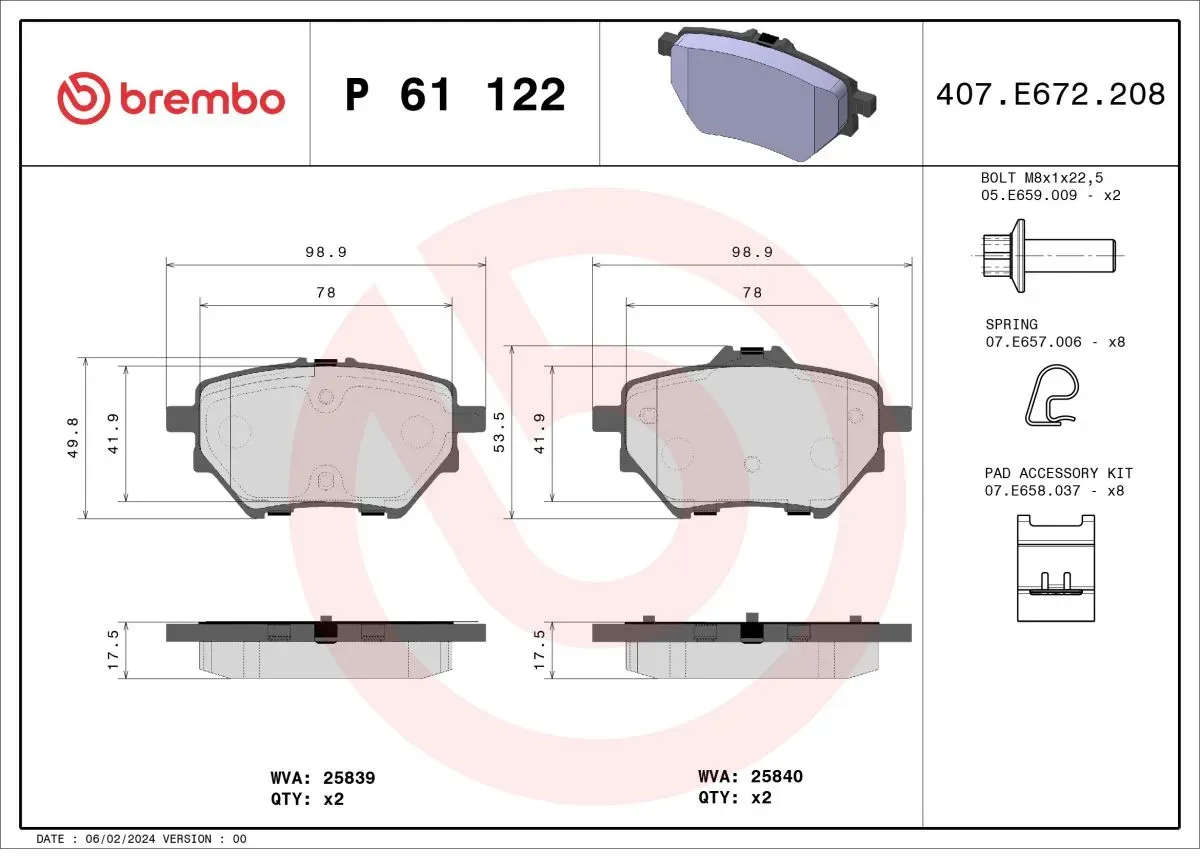 Jeu de plaquettes de frein BREMBO P 61 122, arrière