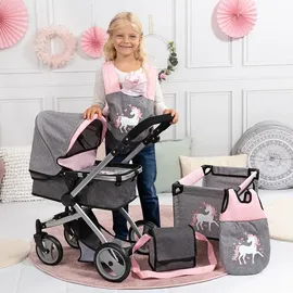 Bayer Design 18333AC Puppenwagenset, Tasche, Puppenbett, Schlafsack, Puppenzubehör, Wagen mit höhenverstellbarem Griff, schwenkbare Vorderräder, wandelbar als Puppenjogger