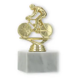 Pokal Kunststofffigur Rennradfahren gold auf weißem Marmorsockel 13,5cm