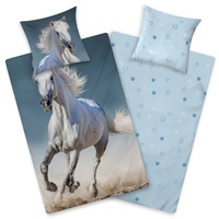 Aminata kids Pferde-Bettwäsche Biber 135x200 Kinder Baumwolle Pferde-Motiv, Reißverschluss warm & kuschelig, Flanell-Winter-Bettwäsche-Set - Wendebettwäsche mit Sternen blau grau
