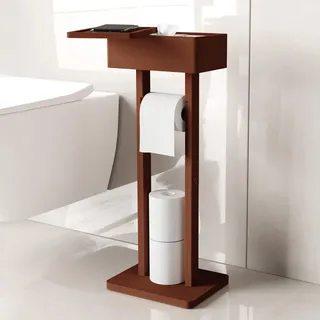 Wealone 4-in-1 Rotbraun Freistehender Toilettenpapierhalter mit Oberem Ablagefach, Bambus Klopapierhalter Stehend, Toilettenpapierhalter mit Feuchttücherbox, Vorübergehende Desktop für Badezimmer