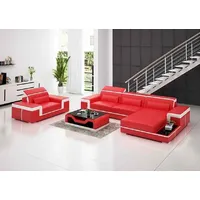 Wohnlandschaft Ecksofa L-Form Sessel Set Modern 2tlg - Rot/Weiß