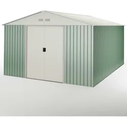 Hoggar - Metall Gartenhaus 15,5 m2 Anjala – 4 Entlüftungsgitter gegen Kondensation – Grün und Beige - Doppelschiebetür – Satteldach - Metallgerätehaus