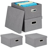 Relaxdays 4 x Aufbewahrungsbox mit Deckel grau