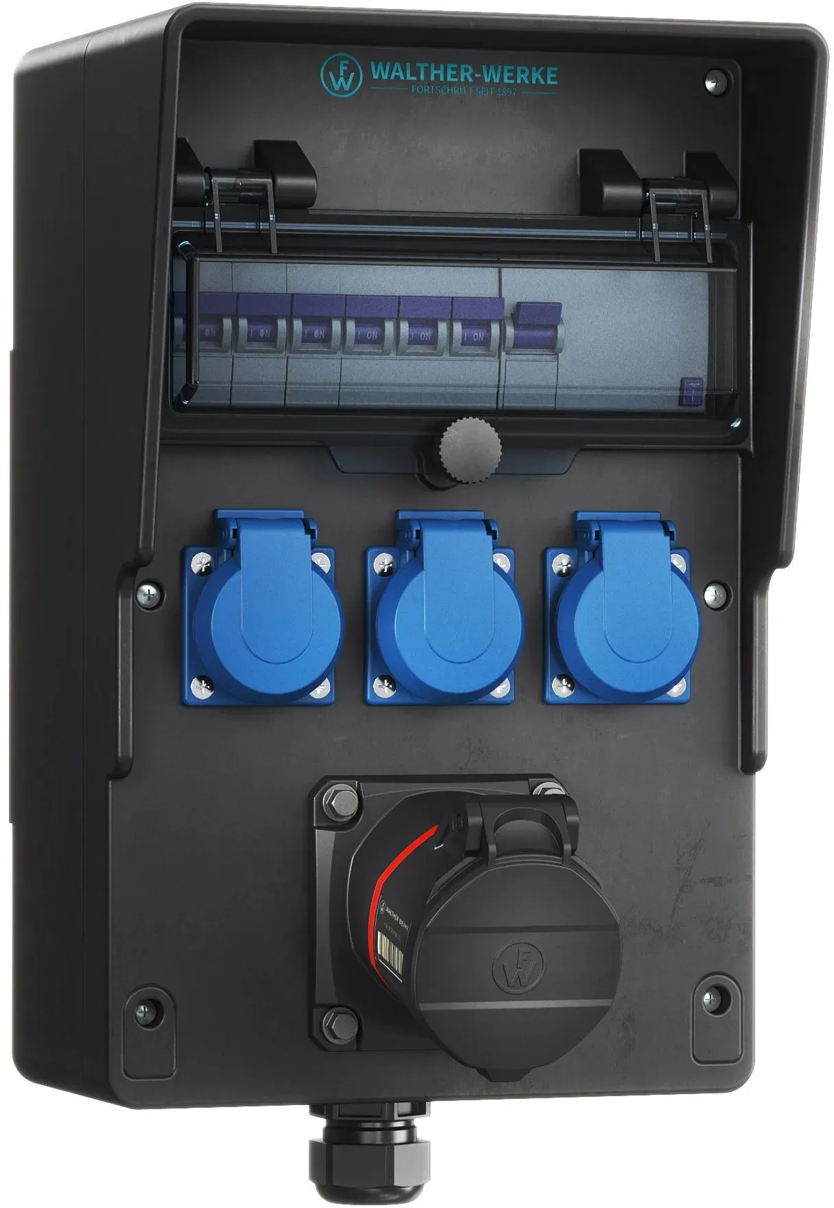 Walther Electric 6450104N Vollgummi-Steckdosenkombination In:, 32A mit einem RCD TypA, 4 MCBs, einem NEO CEE Abgang, 16A, 3 Schutzkontaktsteckdosen und Anschluss bis 25mm2, 5P